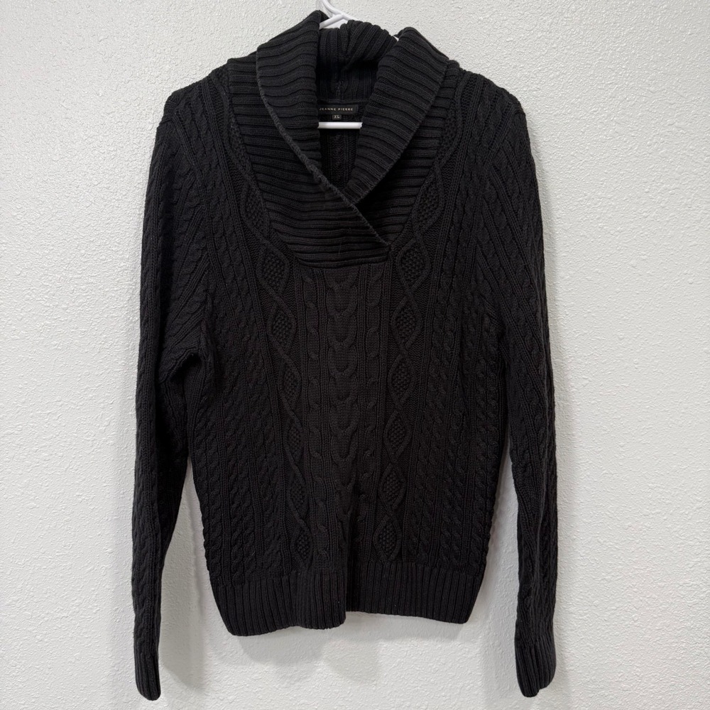 JEANNE PIERRE Black Cable Knit Shawl Collar Sweater‎ Mens XL Cotton